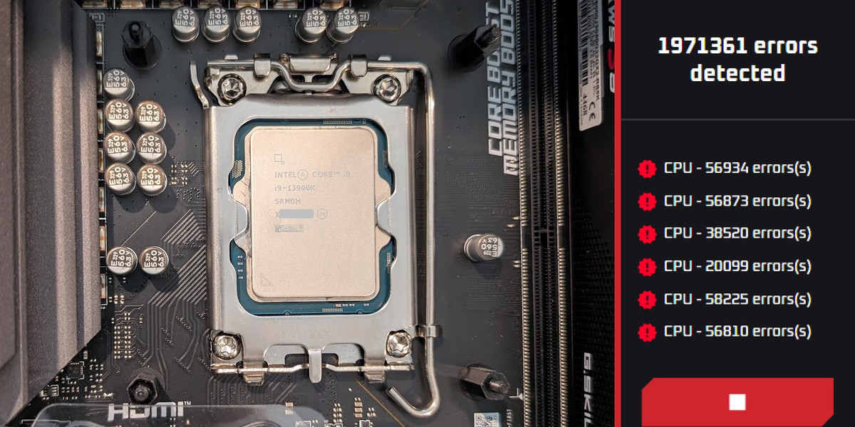 An Intel Core i9-13900K in its motherboard socket, next to OCCT's error panel reporting 1971361 detected CPU errors.