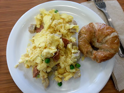 Eggs with sausages, what a tasty breakfast.