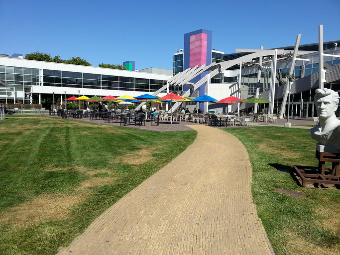 Main patio in front of the first cafeteria on campus called Charlie's cafe.