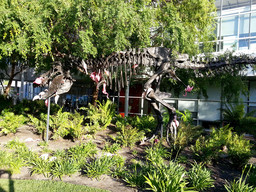 T-rex skeleton with a bunch of hanging flamingos on it in the center of Google campus.