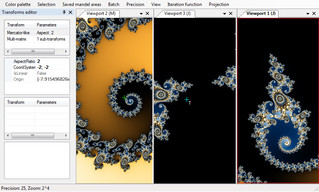 Interface showing Mandelbrot set (left) that generates Julia set (middle) which is then projected using mercator-like projection (right).