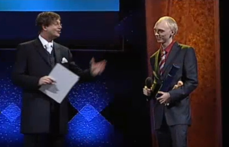 Me accepting the 'Little Czech head' award on stage.