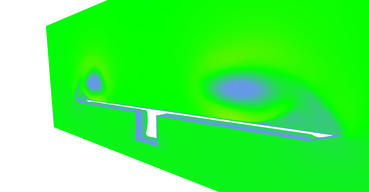 Vector field magnitudes near the end of the wing. Wing itself is not shows which reveals box under the wing. Notice that wind is slower near the surface of the wing.