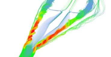 Stream lines seeded at very small area near the tip of the wing. Primary and secondary vortices are nicely visible as well as air moving sideways behind the edge of the wing.