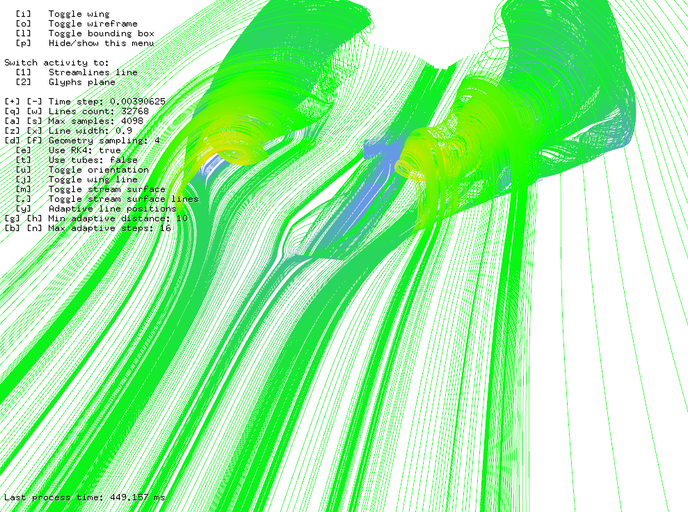 2<sup>15</sup> stream lines for 2<sup>12</sup> steps using adaptive algorithm took 450 ms.